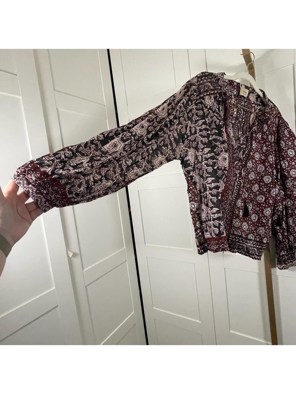 Elie Tahari XL Silk-Like Cotton Voile Patchwork Floral Tassel Blouse - Picture 3 of 7